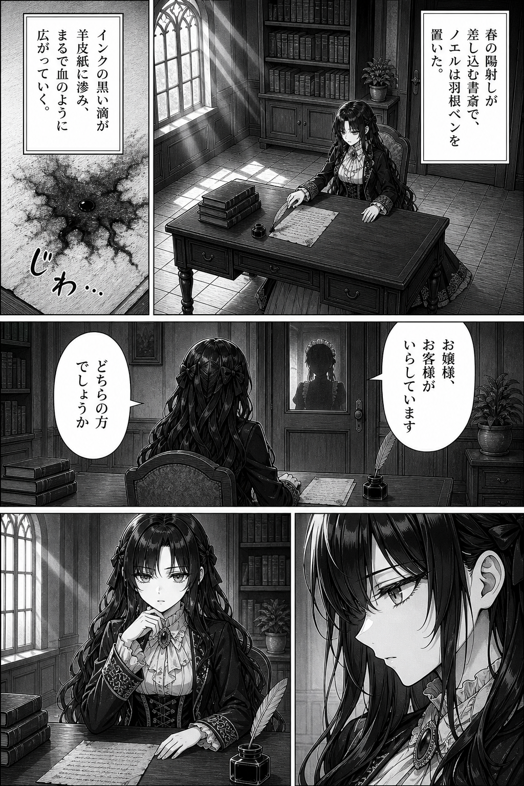 Tomostoで生成した、書斎を舞台にした漫画ページ